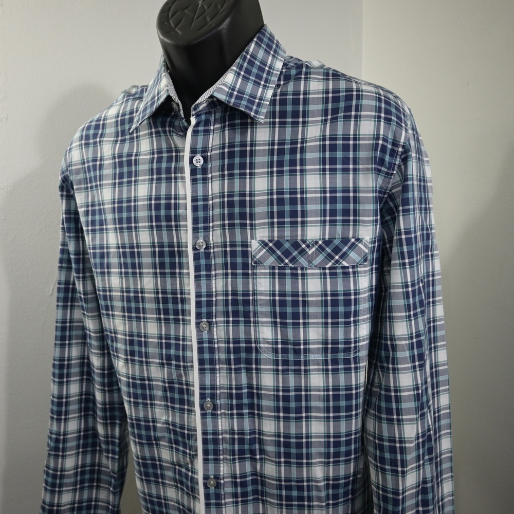 HUGO BOSS Button Up Dress Shirt Mens XL Slim Fit Blue Plaid Long Sleeve Pocket